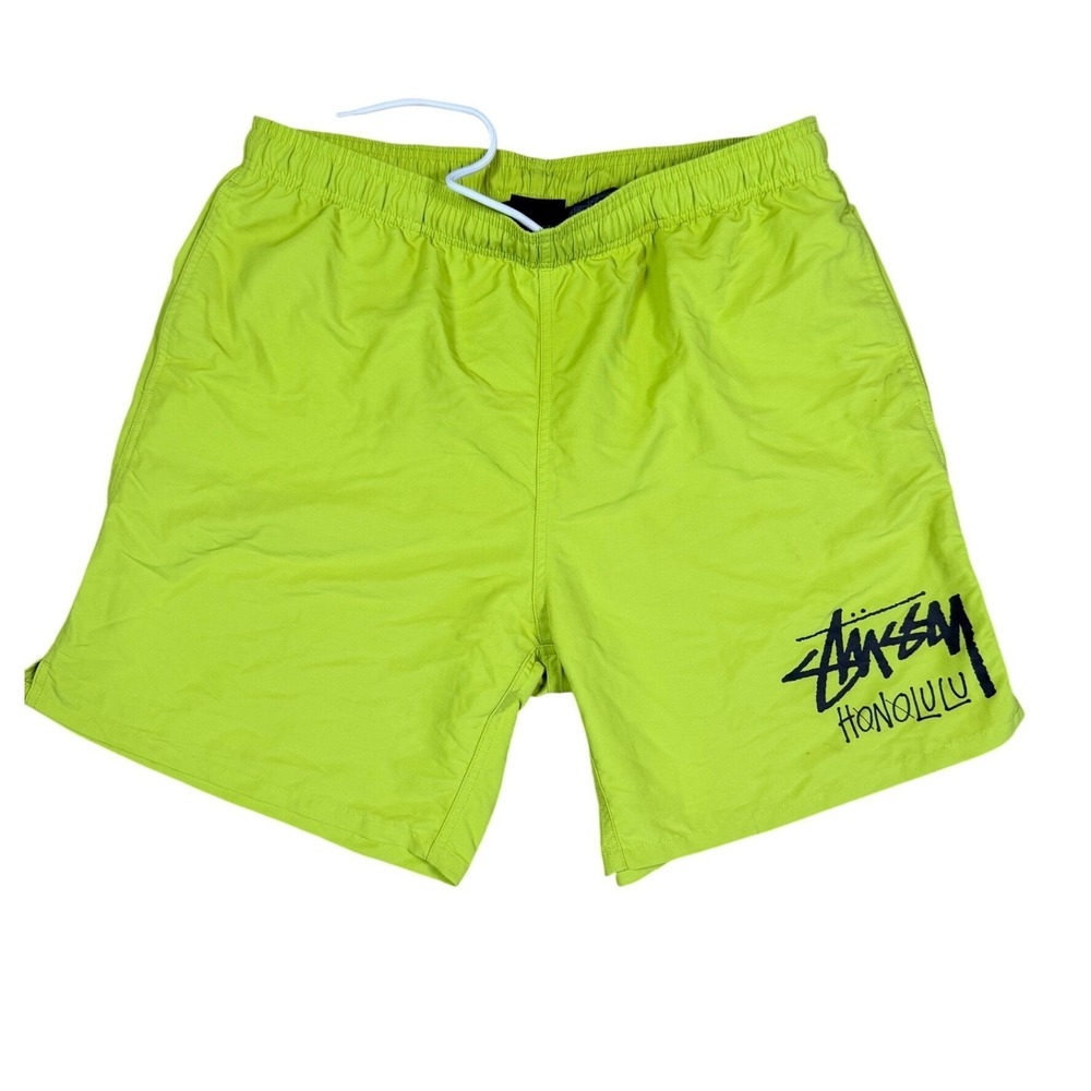 Stussy Honolulu Water Shorts Mens Large Neon Green Logo Swim Trunks Nylon